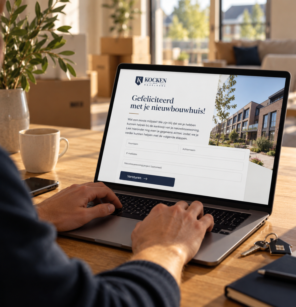 Laptop met het nieuwbouwformulier van Kocken Makelaars op een houten tafel, naast huissleutels en verhuisdozen
