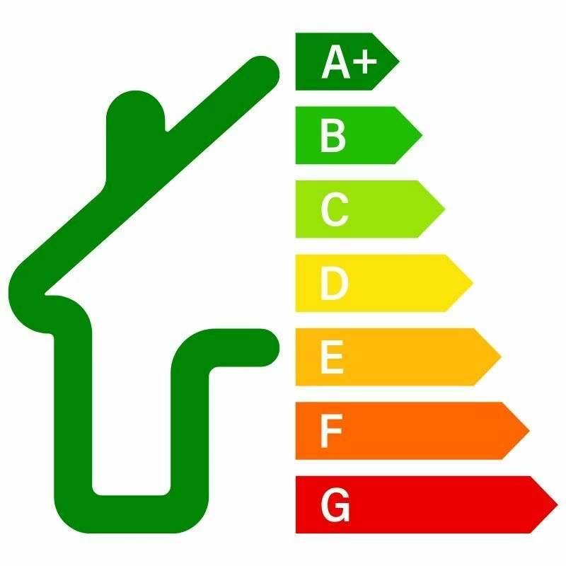 Energielabel voor een woning met de klassen van A+ tot en met G naast een huisicoon
