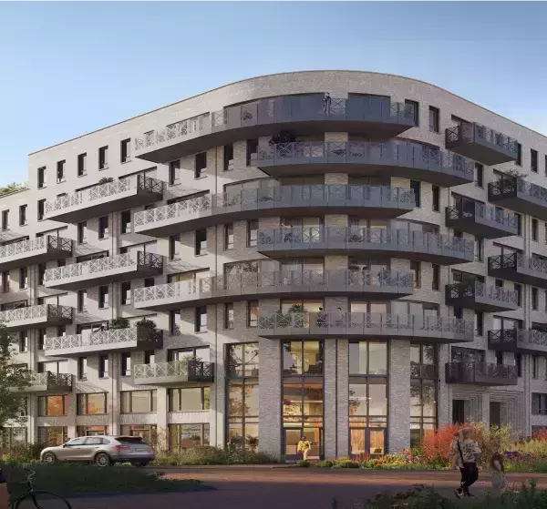 Artist impression van nieuwbouwproject Stationshaven: appartementencomplex met ronde gevel en balkons
